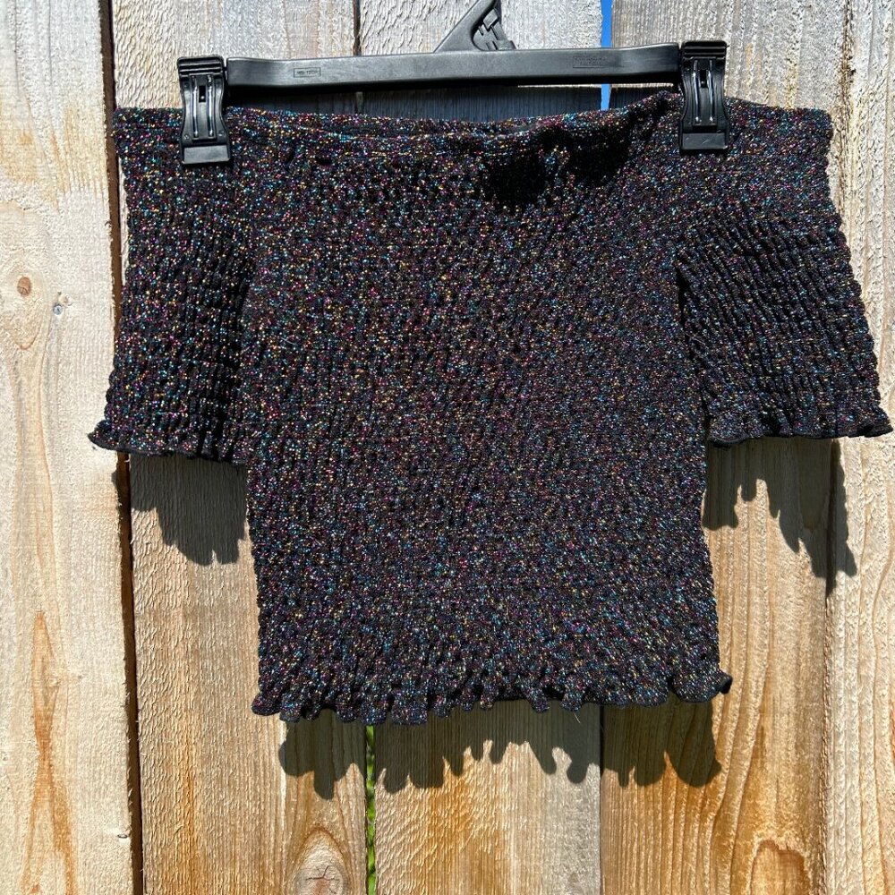 Urban Outfitters Rainbow Shimmer Smocked Off-Shoulder Crop Top- Size S